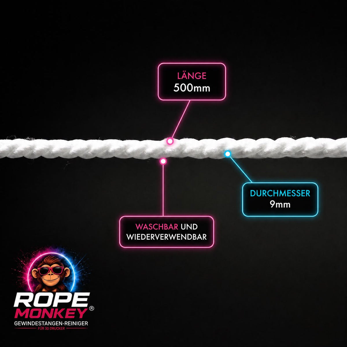 Rope Monkey Probepackung – Länge 500 mm, Durchmesser 9 mm, waschbar und wiederverwendbar